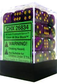 Chessex 12mm Gemini Green & Purple with Gold Pipped D6 Dice Set - 36 Pack for Tabletop RPGs, Board Games, and Collectors
