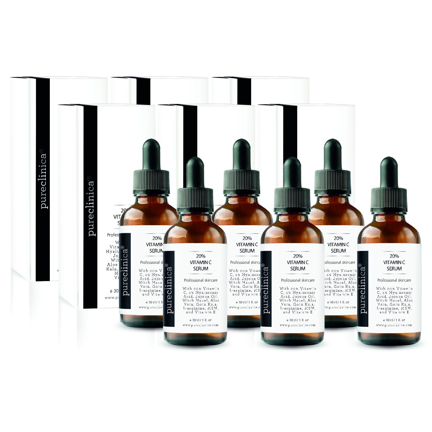 PureClinica 20% Vitamin C Serum with Hyaluronic Acid & Antioxidants - Brightening, Anti-Aging Face Serum (30ml x 6 Pack) for Dark Spots, Wrinkles & Glowing Skin - Day & Night Skincare Routine