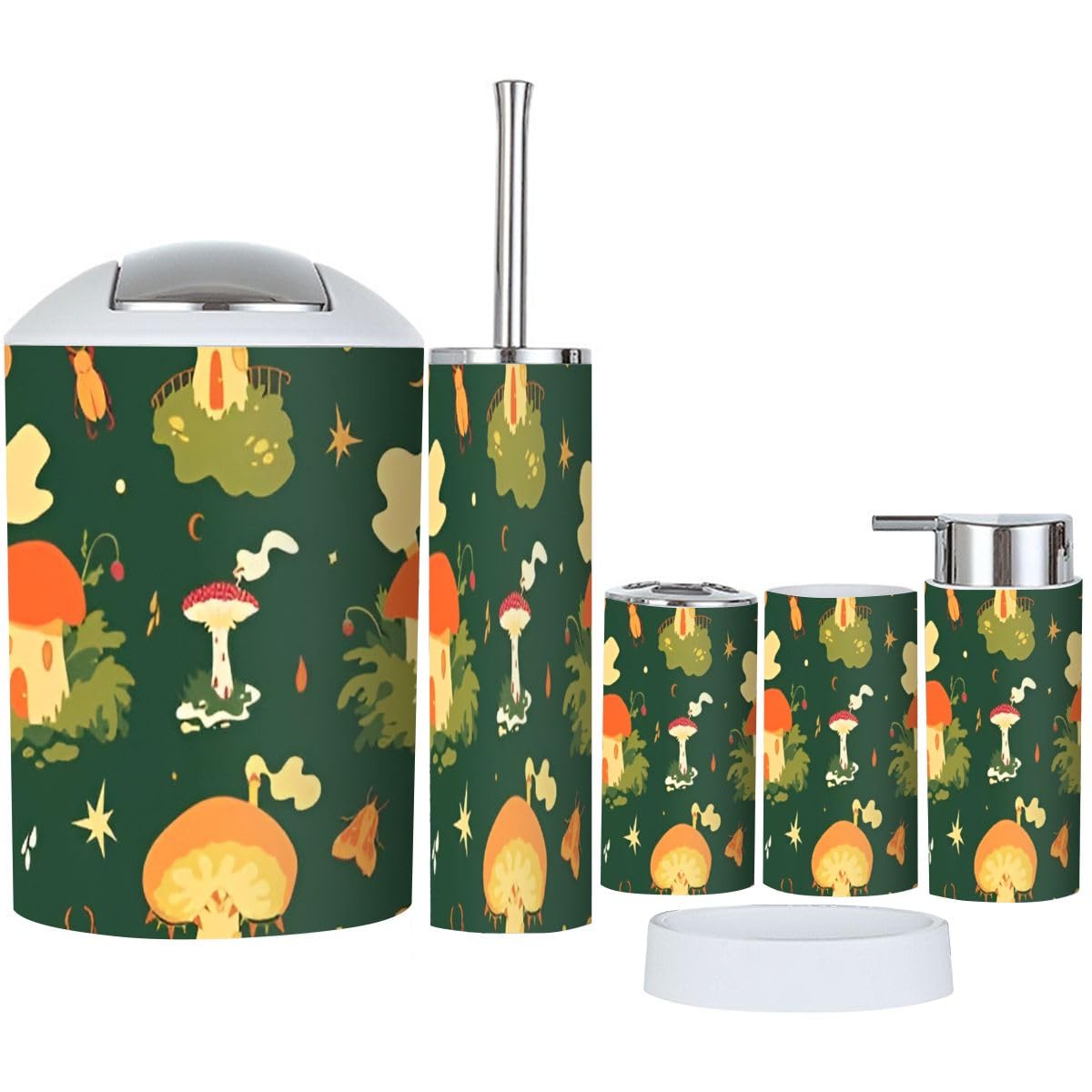 6-Piece Mushroom Fairy Village Bathroom Accessory Set - Toothbrush Holder, Cup, Soap Dispenser, Dish, Toilet Brush & Trash Can - Cute Seamless Mushroom House Decor for Kids & Fantasy Theme Bathrooms