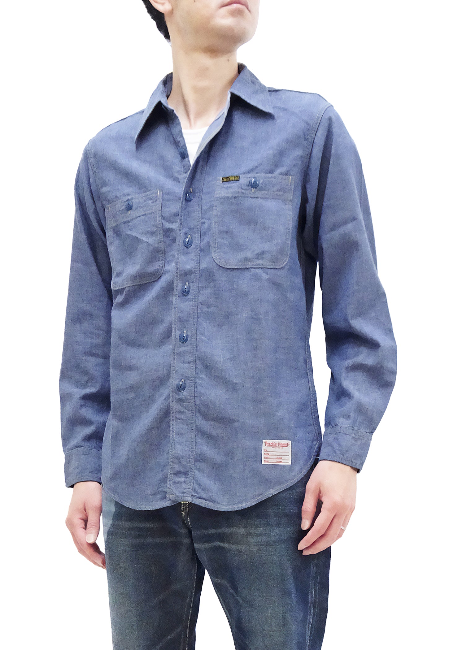 TOYS McCOY Men's Steve McQueen Blue Chambray Work Shirt - Long Sleeve Button Up Casual & Office Wear - TMS2407 | Perfect for Vintage Style Outfits, Date Nights and Business Casual Occasions