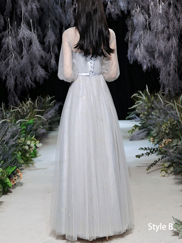 Elegant Gray A-Line Bridesmaid Dress with Shimmery Tulle for Weddings & Evening Events | Formal Party Gown for Bridal Party & Special Occasions