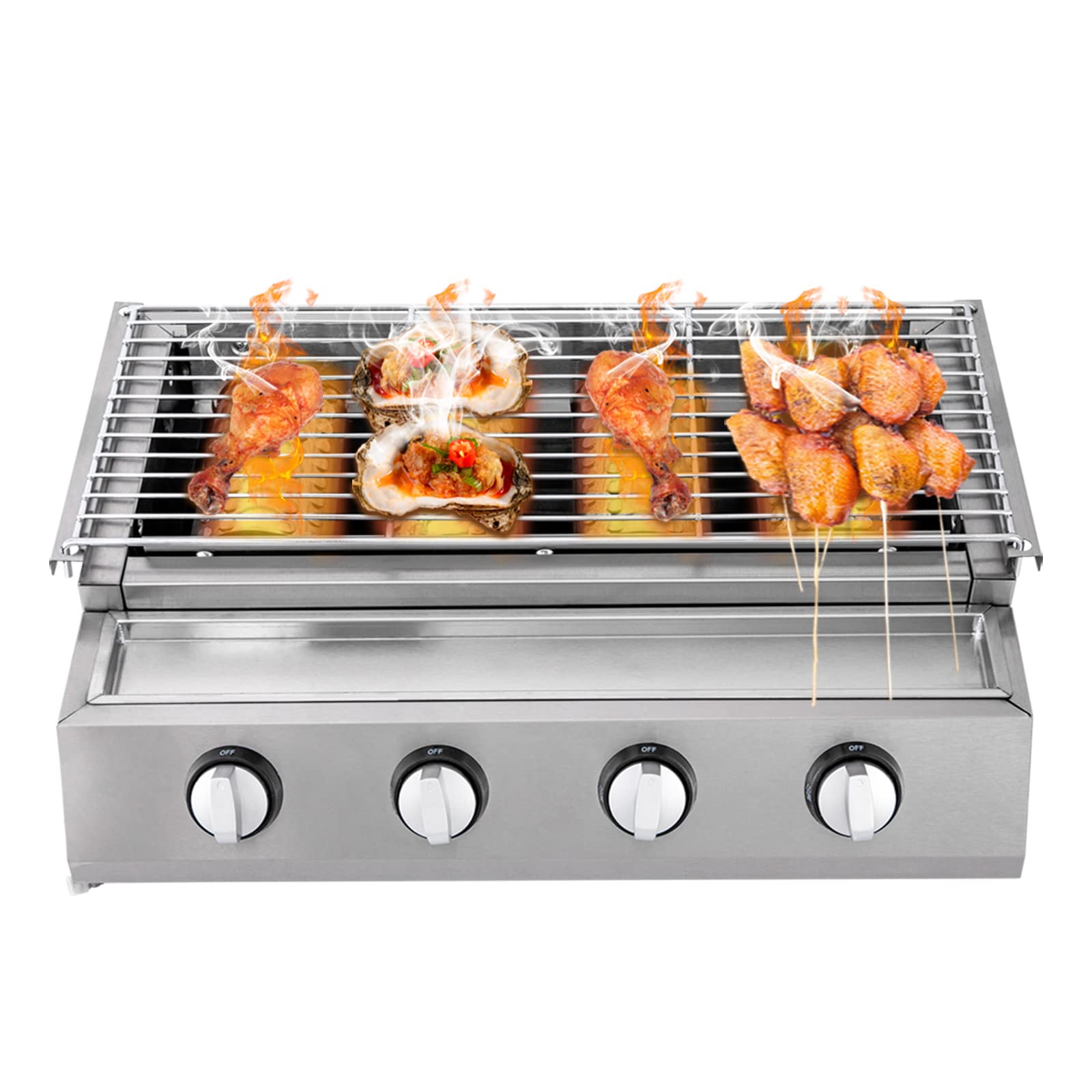 4-Burner Commercial Gas Grill - Smokeless Indoor & Outdoor BBQ Griddle, Portable Nonstick LPG Gas Yakitori Grill with Removable Grill Net - Perfect for Restaurants, Backyard Parties, Camping & Picnics