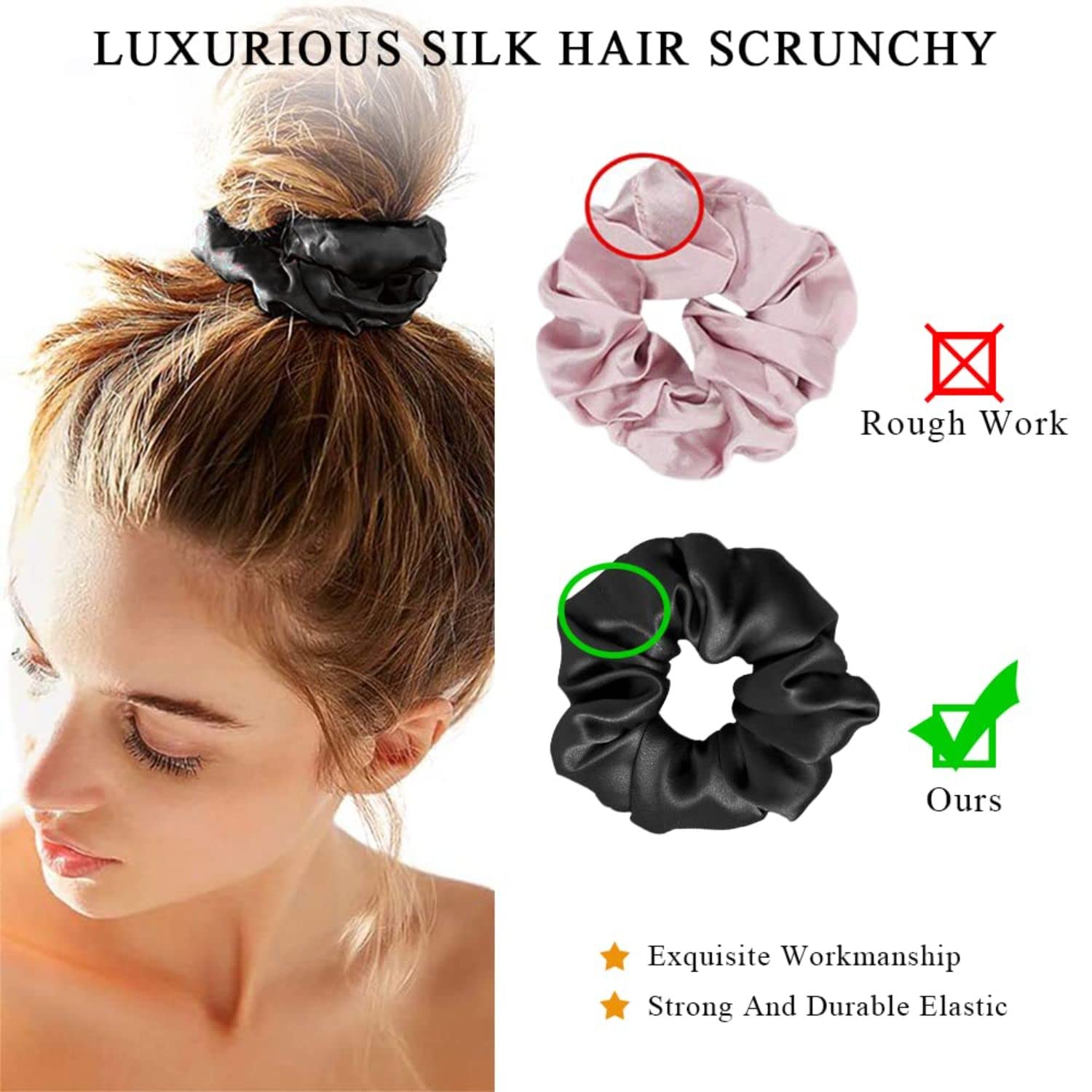 FAMEZA 3 Pack 100% Pure Mulberry Silk Scrunchies for Women - No Crease Luxurious Hair Ties for Girls, Thick & Curly Hair - Perfect for Work, Gym, Travel & Everyday Styling