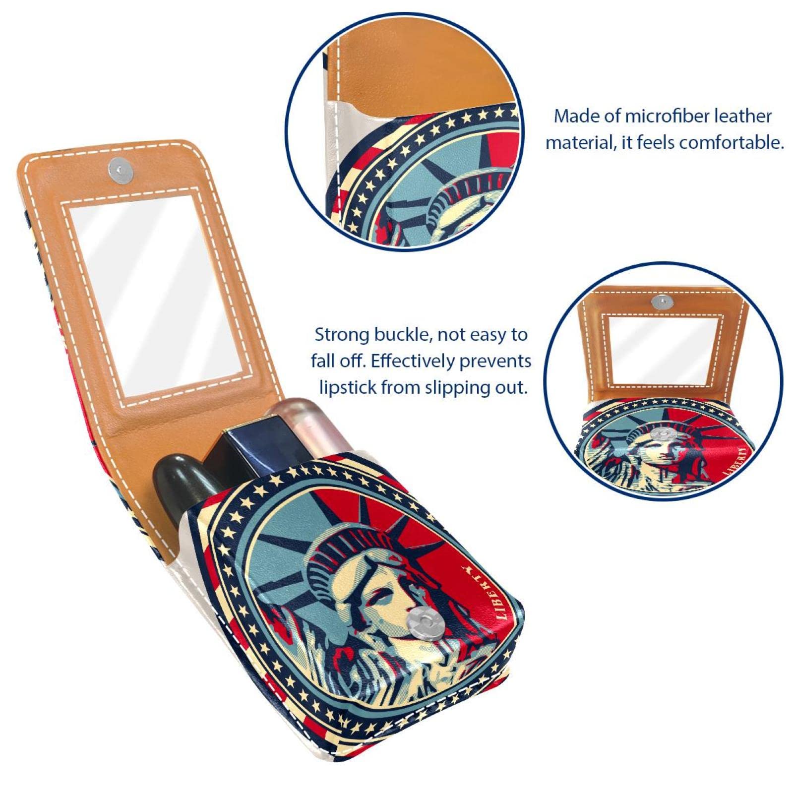 Portable Lipstick Organizer with Mirror - Mini Makeup Bag Holds 3 Lipsticks for Women | Travel, Purse & On-the-Go Makeup Storage | Statue of Liberty Design