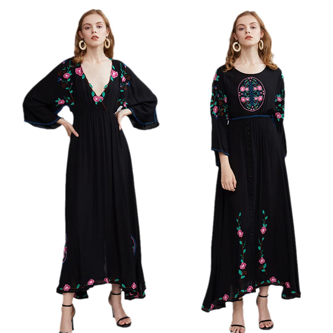 Boho Beach Long Dress for Women - Sexy Reversible Summer Dress with Retro Embroidery | Perfect for Beach Vacations, Music Festivals & Date Nights
