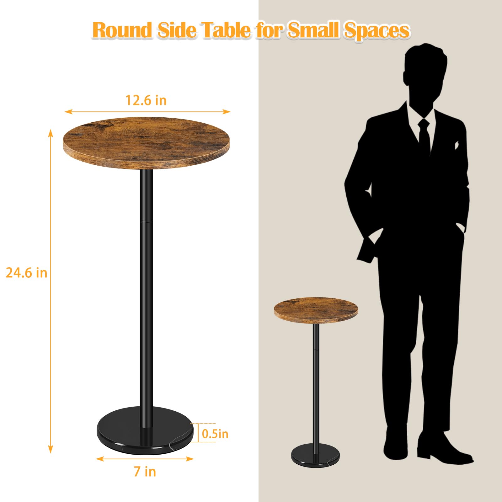 2-Piece Round Side Table Set with Marble Base - Small Drink Pedestal Accent End Coffee Cocktail Table for Living Room, Sofa, Outdoor Use (Brown & Black) - Perfect for Small Spaces, Patio, and Home Decor