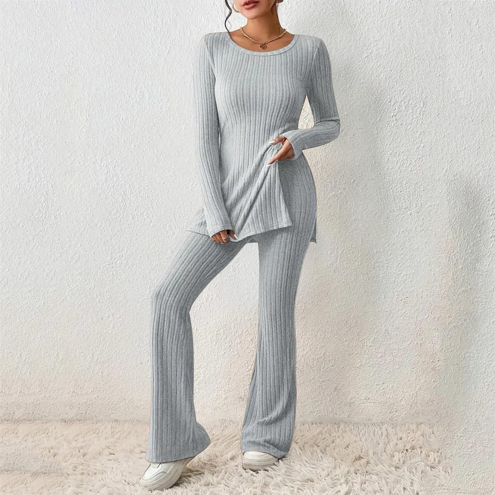 Women's 2-Piece Outfit Set - Soft Comfy Crew Neck Long Sleeve Top & Wide Leg Pants | Cute Lounge & Sleepwear for Home, Beach & Fall Season | Casual Pajama Set for Relaxation & Travel