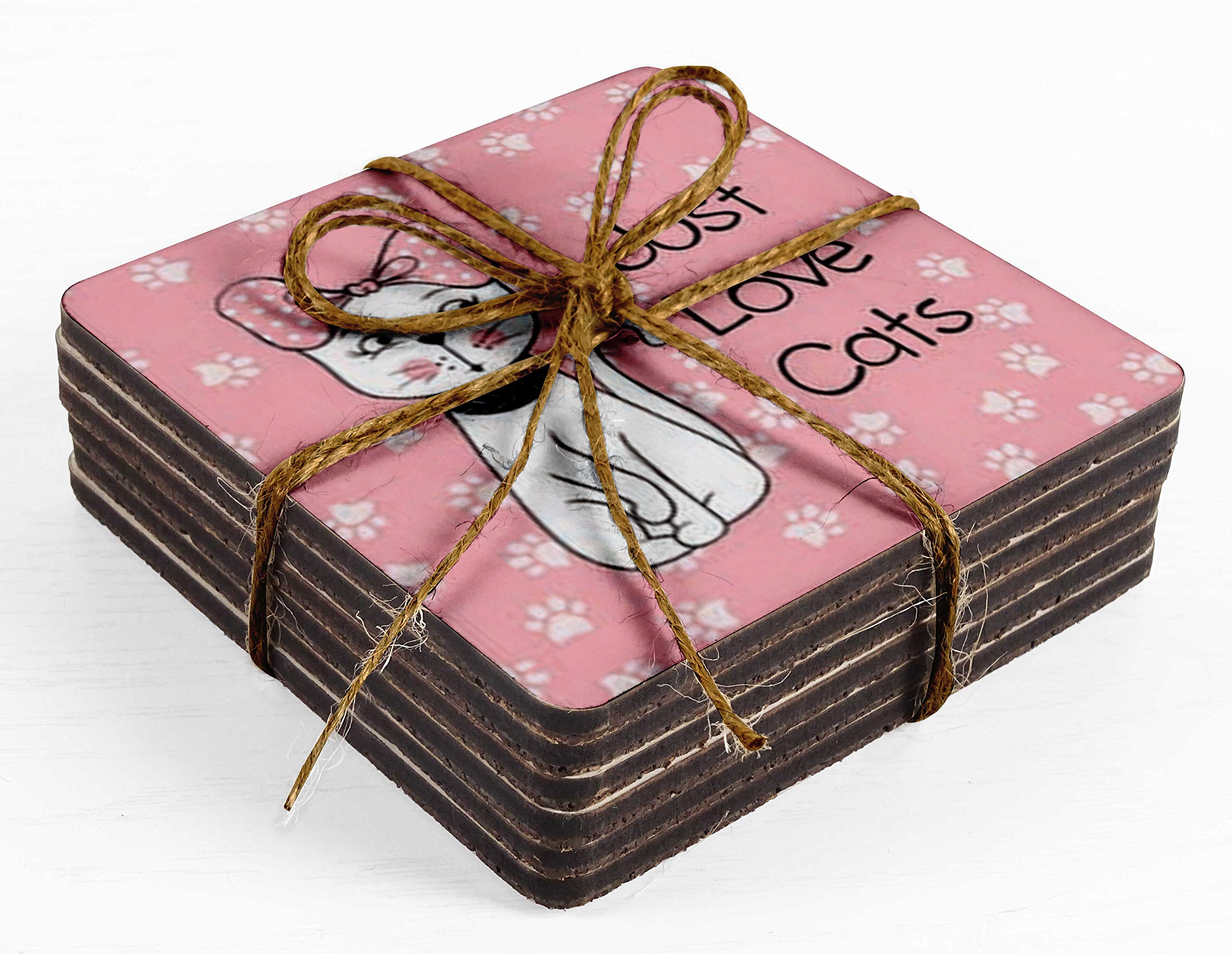 Set of 6 Reusable 4-Inch Square Drink Coasters with Cork Base - Easy Clean Cat Quotes Design - Perfect for Coffee Tables, Home Bars, and Office Use