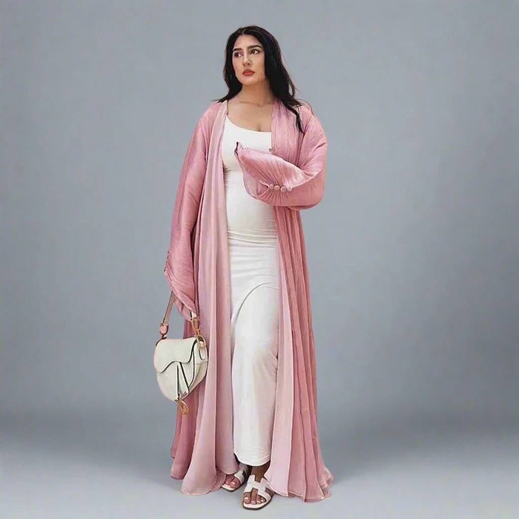 Urgarment Bright Satin Cardigan Open Abaya Dress - Elegant Muslim Women's Fashion for Prayer, Weddings & Special Occasions