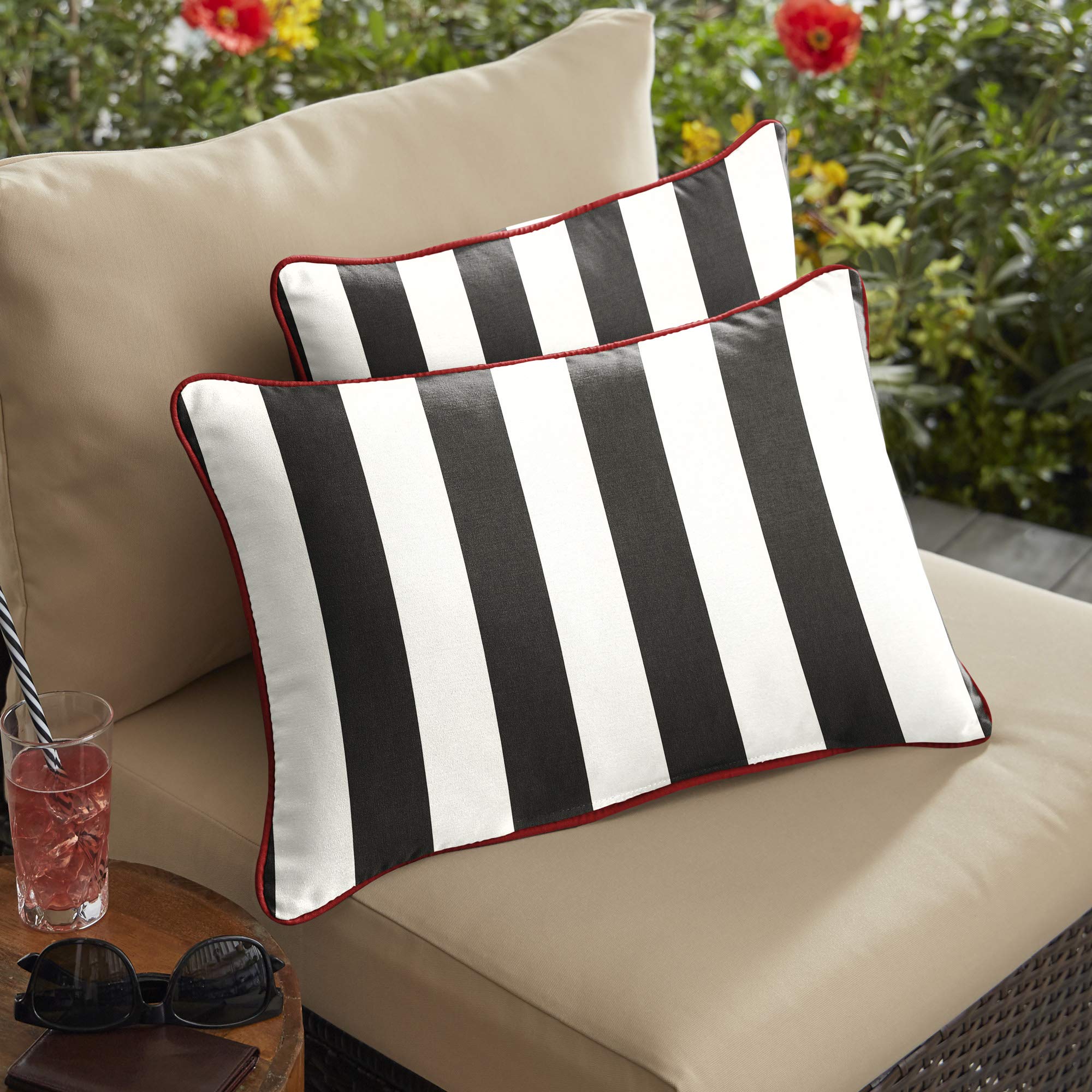 Premium Set of 2 Cabana Classic Canvas Outdoor Lumbar Pillows - Black, Red & White - 13