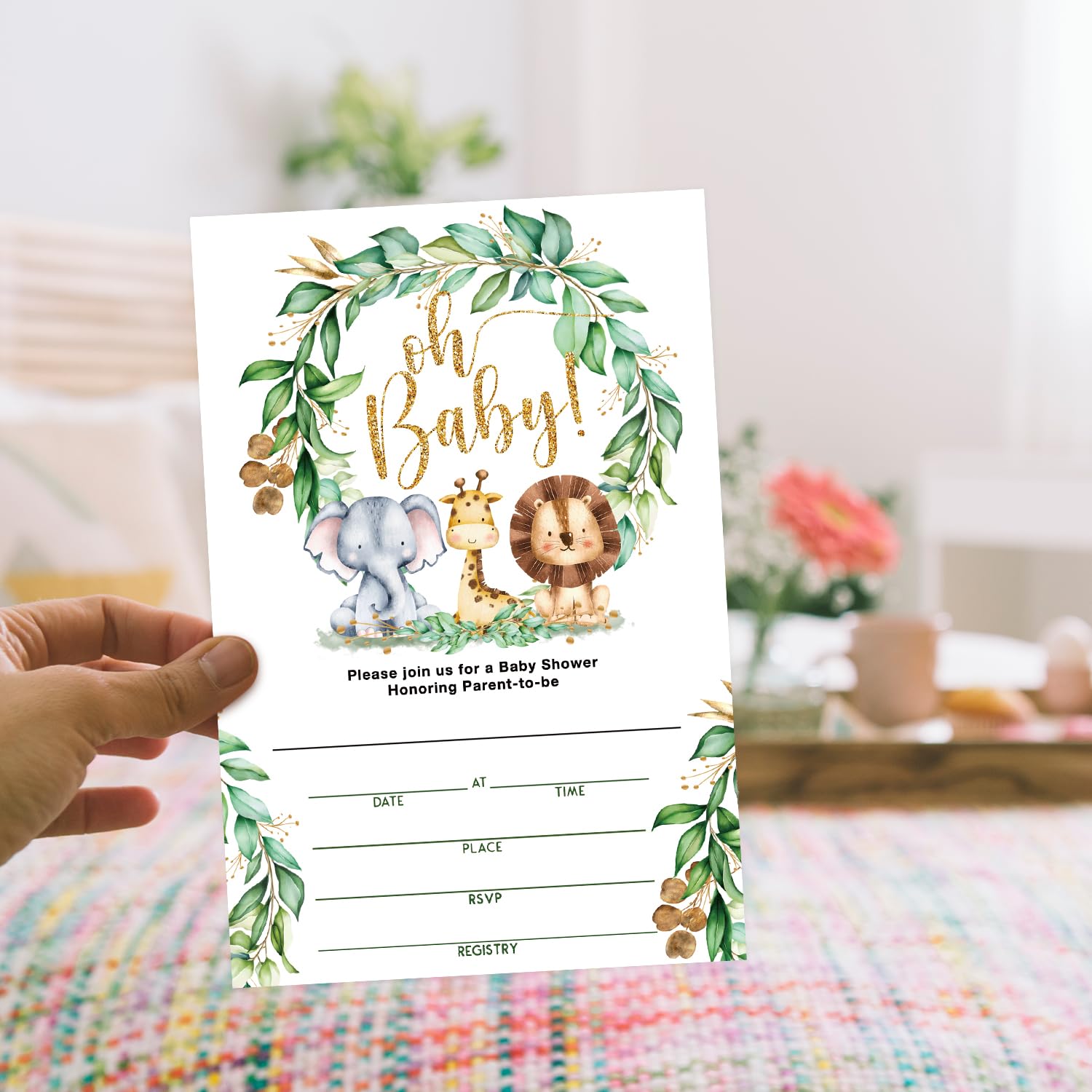 Jungle Animals Baby Shower Invitations with Envelopes - Greenery Safari Gender Reveal Fill-In Cards, Double-Sided Baby Announcement Invites for Shower Party Decorations & Supplies | Perfect for Jungle Theme Baby Showers and Gender Reveal Parties - A007