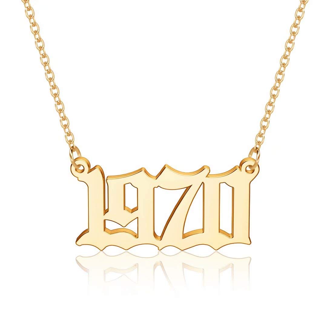 18K Gold Plated Old English Birth Year Necklace for Women - Personalized Jewelry Gift for Birthday, Anniversary, Mother's Day (1970-2021) | Elegant Pendant Necklace for Everyday Wear & Special Occasions