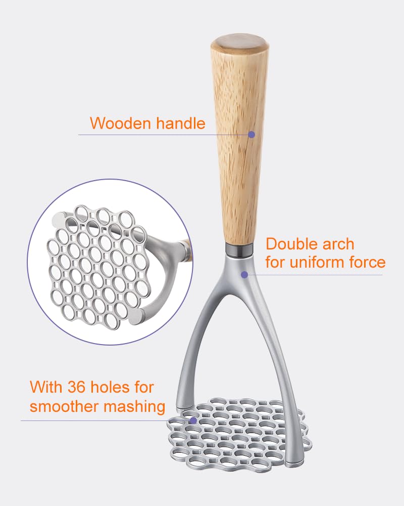 Premium Wooden Handle Potato Masher - Heavy Duty Aluminum Alloy Manual Potato Press & Ricer for Fluffy Mashed Potatoes - Perfect Kitchen Tool for Thanksgiving, Baby Food & Home Cooking
