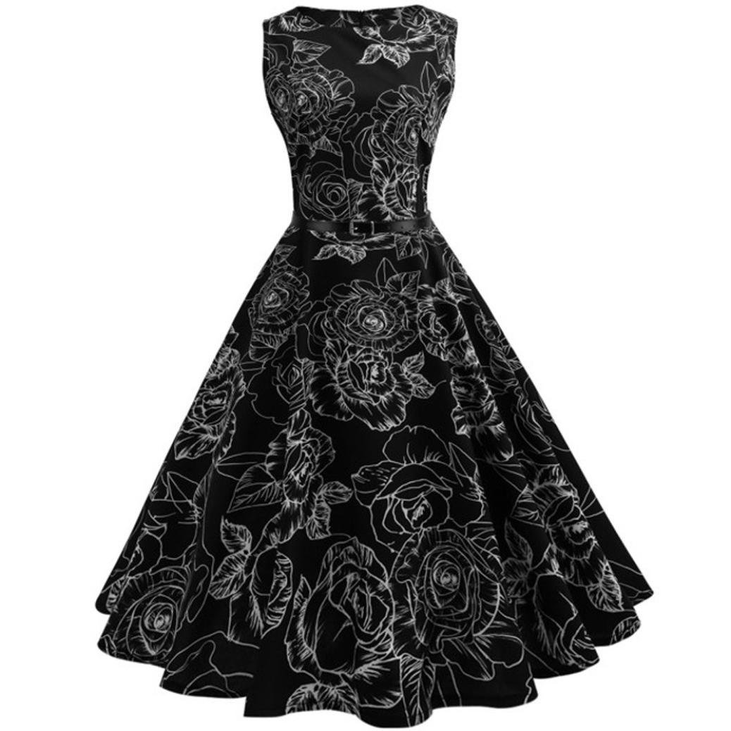 NEARTIME Women's Vintage Floral Print Sleeveless Swing Dress for Evening Party, Prom, Cocktail & Special Occasions - Comfortable & Elegant Summer Dress for Weddings, Date Nights & Formal Events