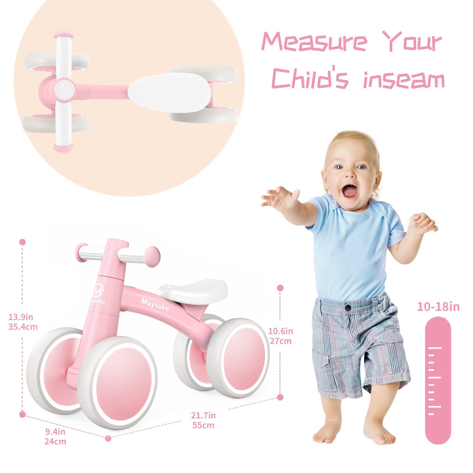 **Baby Balance Bike for 1-2 Year Olds | First Birthday Gift for Toddlers 10-24 Months | 4-Wheel No-Pedal Training Bike (Pink) – Perfect for Indoor & Outdoor Play, Learning to Walk & Ride**