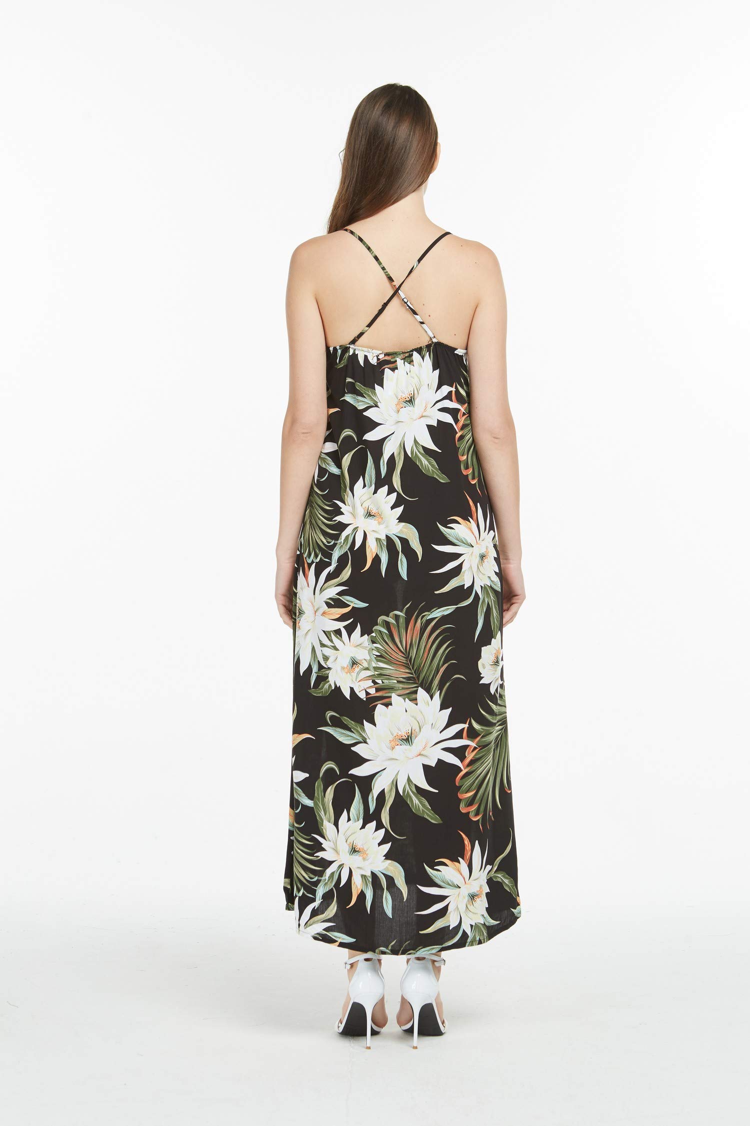 Hawaiian Luau Maxi Dress for Women - Floral Sweetheart Neckline Black Long Dress for Beach Party, Summer Vacation & Tropical Events