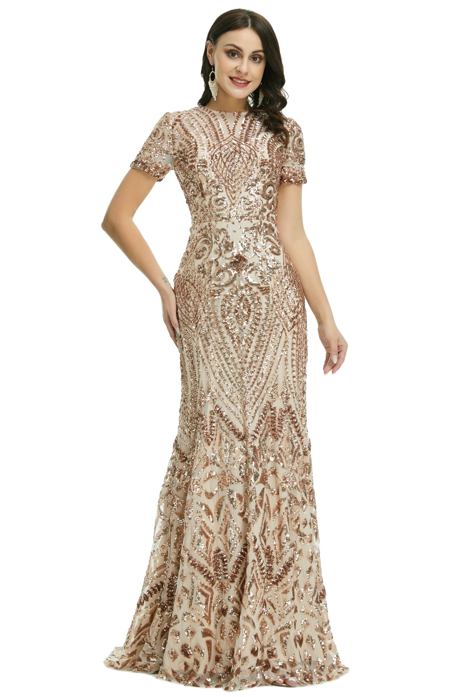 Elegant A-Line Sequined Short Sleeve Evening Dress for Bridesmaid, Prom & Formal Events - Perfect for Weddings, Parties & Special Occasions
