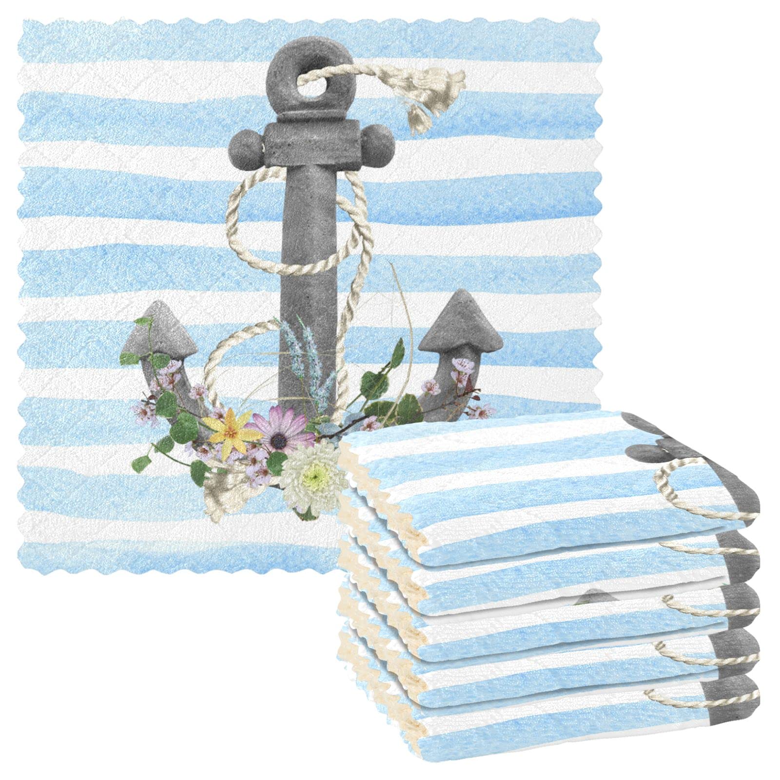 VIGTRO Super Absorbent Anchor Flower Bouquet Dish Cloth Towels - Premium Kitchen Dish Rags, Fast Drying & Reusable Washcloths (11x11 Inches, 6 Pack) - Perfect for Daily Dishwashing, Counter Cleaning & Summer Kitchen Use