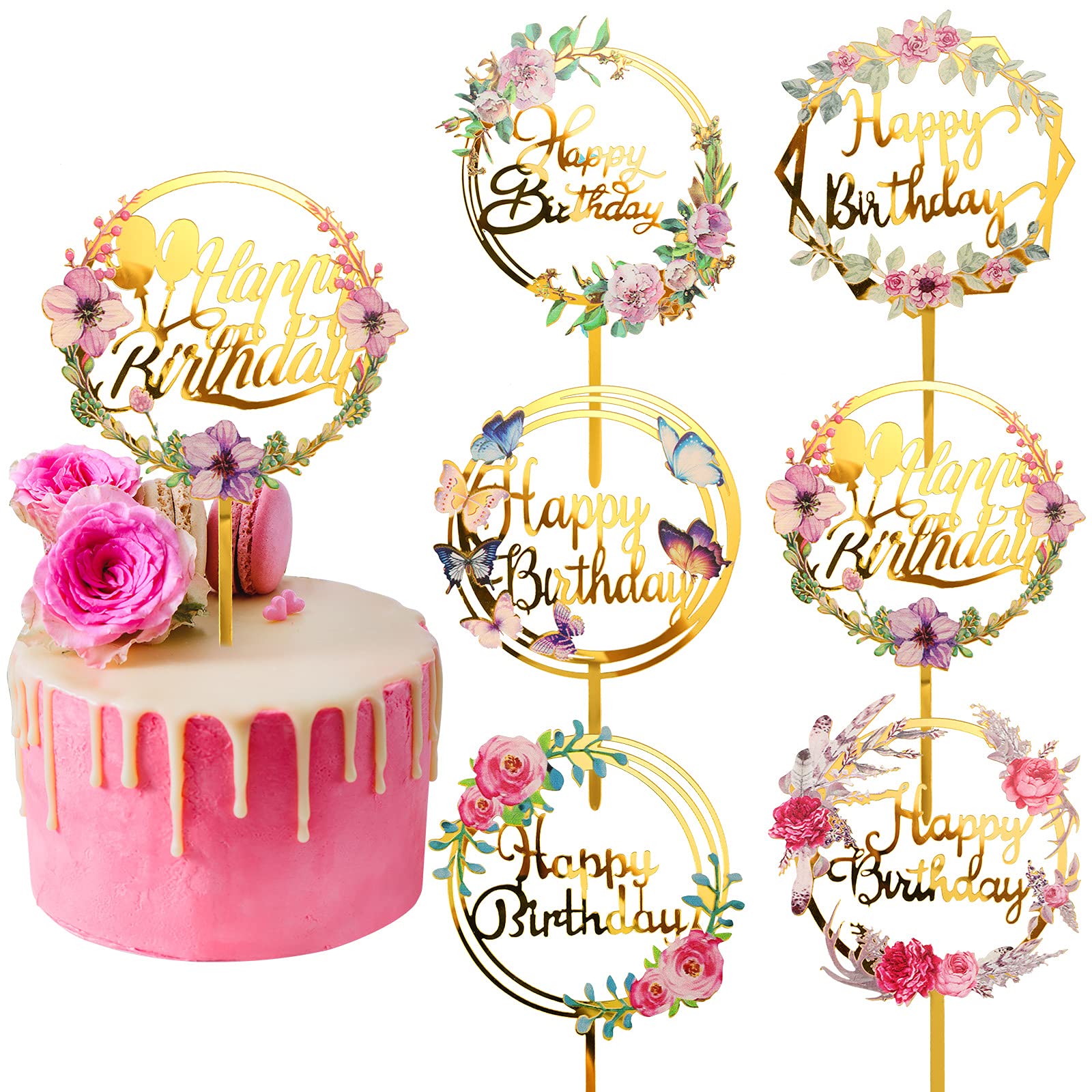 Jetec 6-Piece Gold Flower Acrylic Cake Toppers Set - Happy Birthday Cupcake Decorations for Parties, Anniversaries & Pastries | Perfect for Wedding, Baby Shower & Celebration Cakes