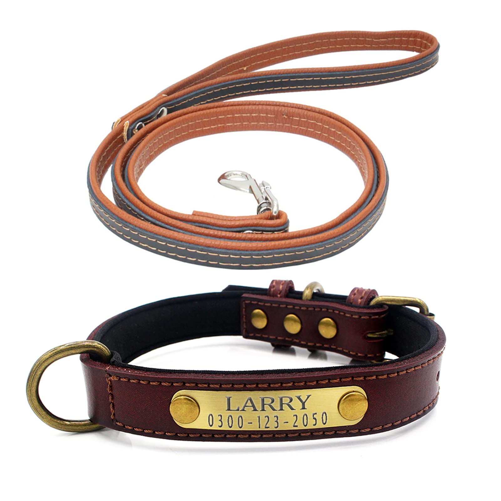 Personalized Engraved Leather Dog Collar and Leash Set - Soft Padded Adjustable Brown Puppy Collar with Name Plate for Small Medium Large Dogs - Perfect for Daily Walks, Training, and Gifts for Pet Lovers