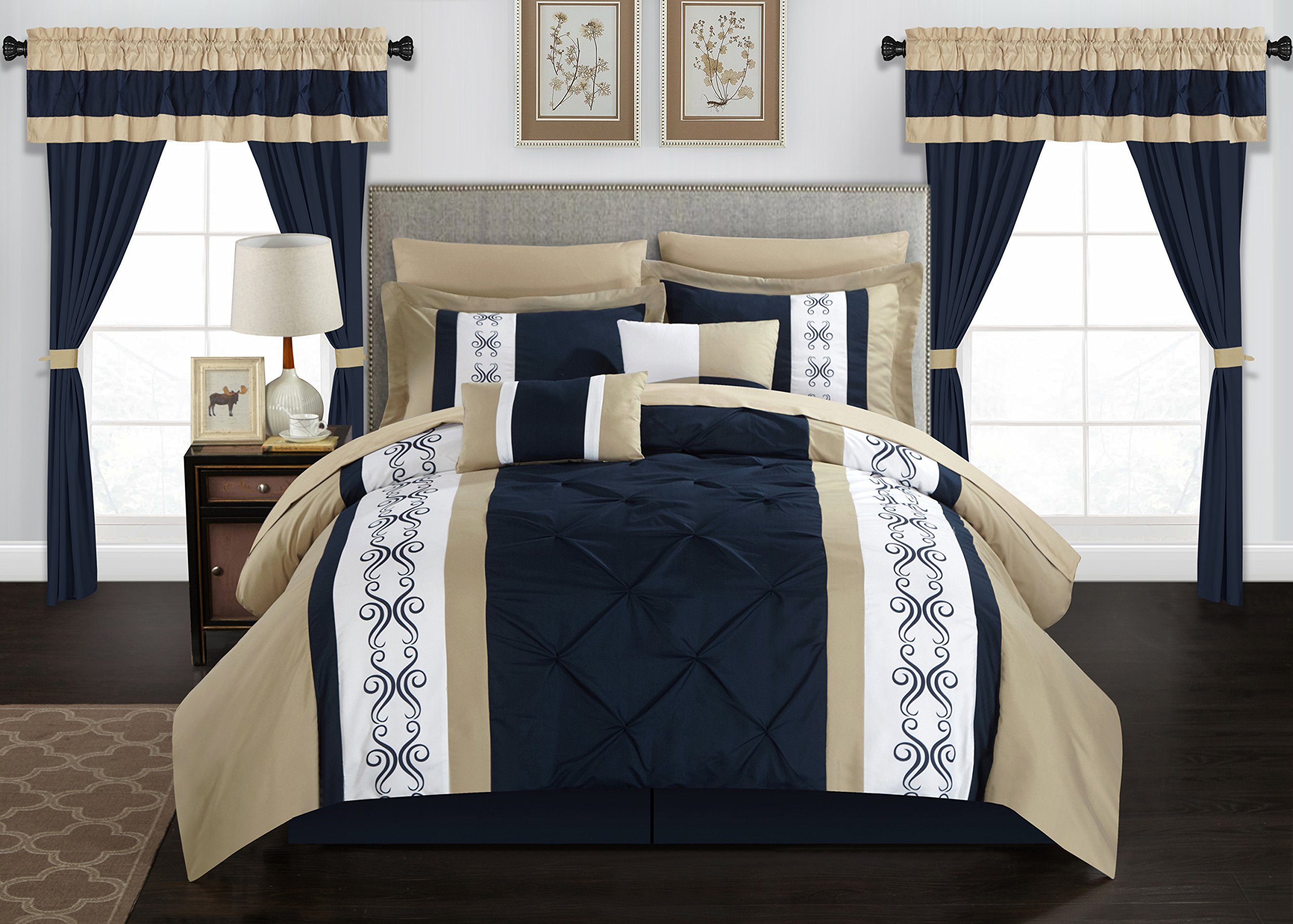 Stylish Navy Blue Queen Size Bed in a Bag Comforter Set - 20 Piece Microfiber Bedding with Comforter, Pillow Shams, Sheets, Bed Skirt, Curtain Panels & Tiebacks - Perfect for Master Bedroom, Guest Room or Vacation Home Decor