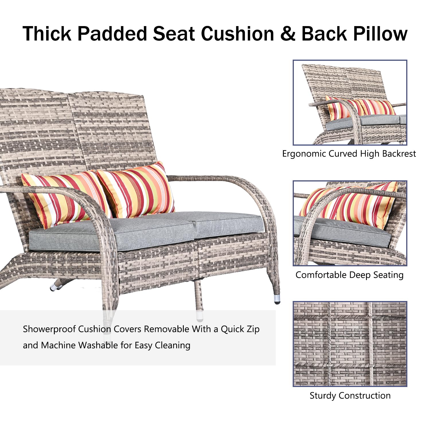 Outdoor Patio Wicker Loveseat Bench - Grey Rattan Double Adirondack Chairs with Cushions, Comfortable Deep Seating High Back Sofa for Deck, Balcony, Garden & Fire Pit Relaxation