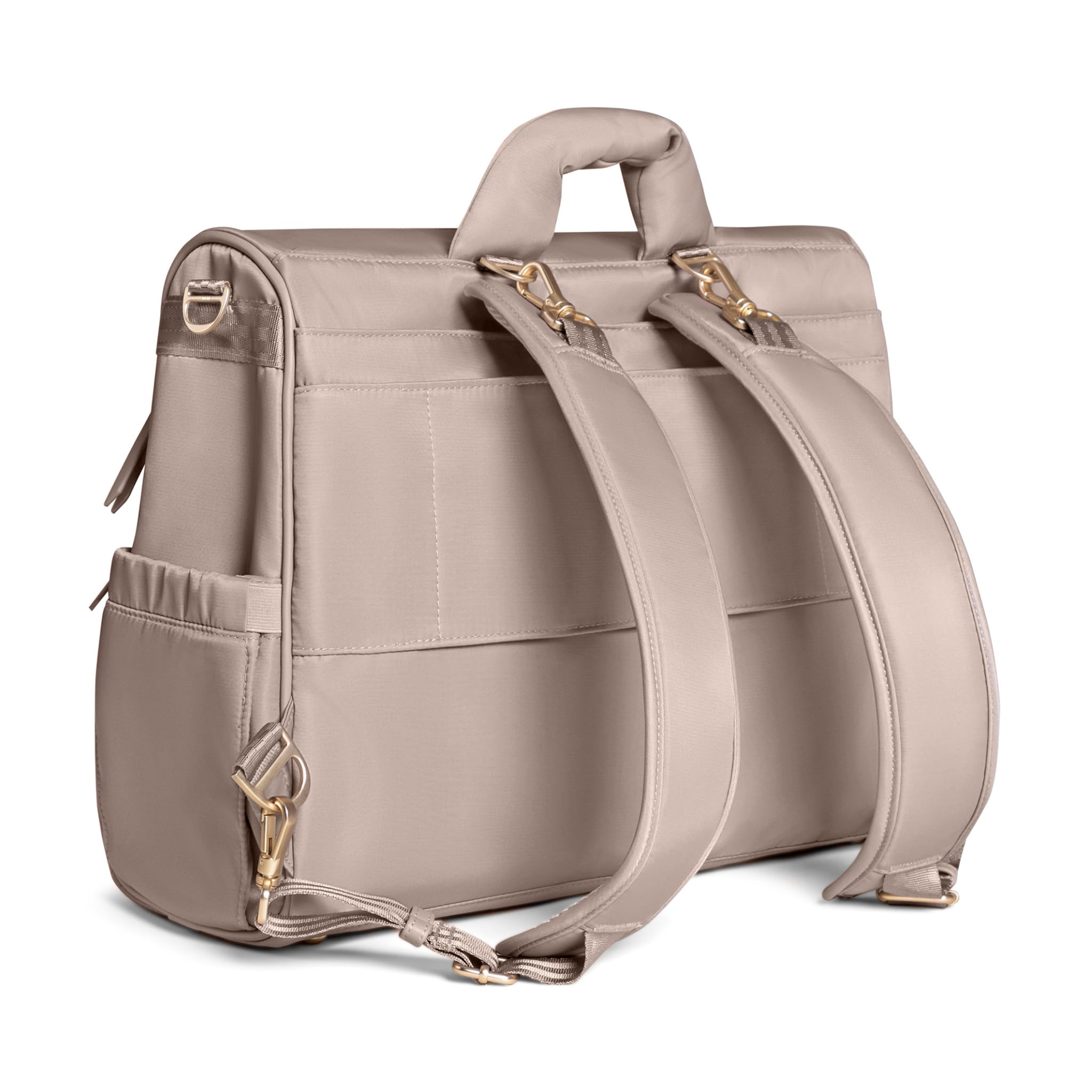 JuJuBe Convertible Diaper Backpack - Large Baby Travel Bag with Insulated Bottle Pockets & Portable Changing Pad | Taupe Diaper Satchel for Moms | Perfect for Daycare, Travel & On-the-Go Parenting (Boy or Girl)