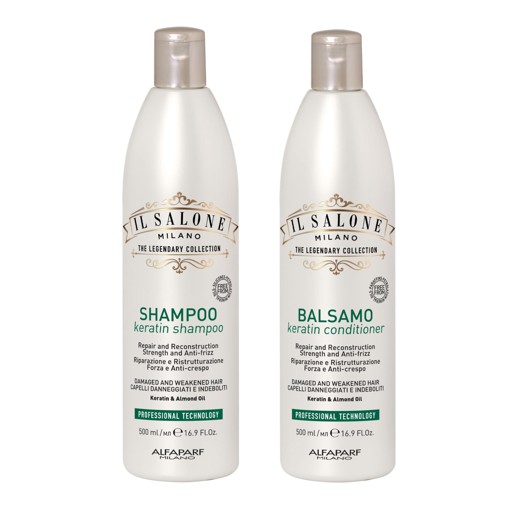 Professional Keratin Shampoo & Conditioner Set for Damaged Hair (16.9 oz Each) - Repairing & Detangling Hair Treatment with Almond Oil & Vitamin E - Salon Quality Hair Care for Dry, Frizzy, Color-Treated Hair - Perfect for Home & Salon Use