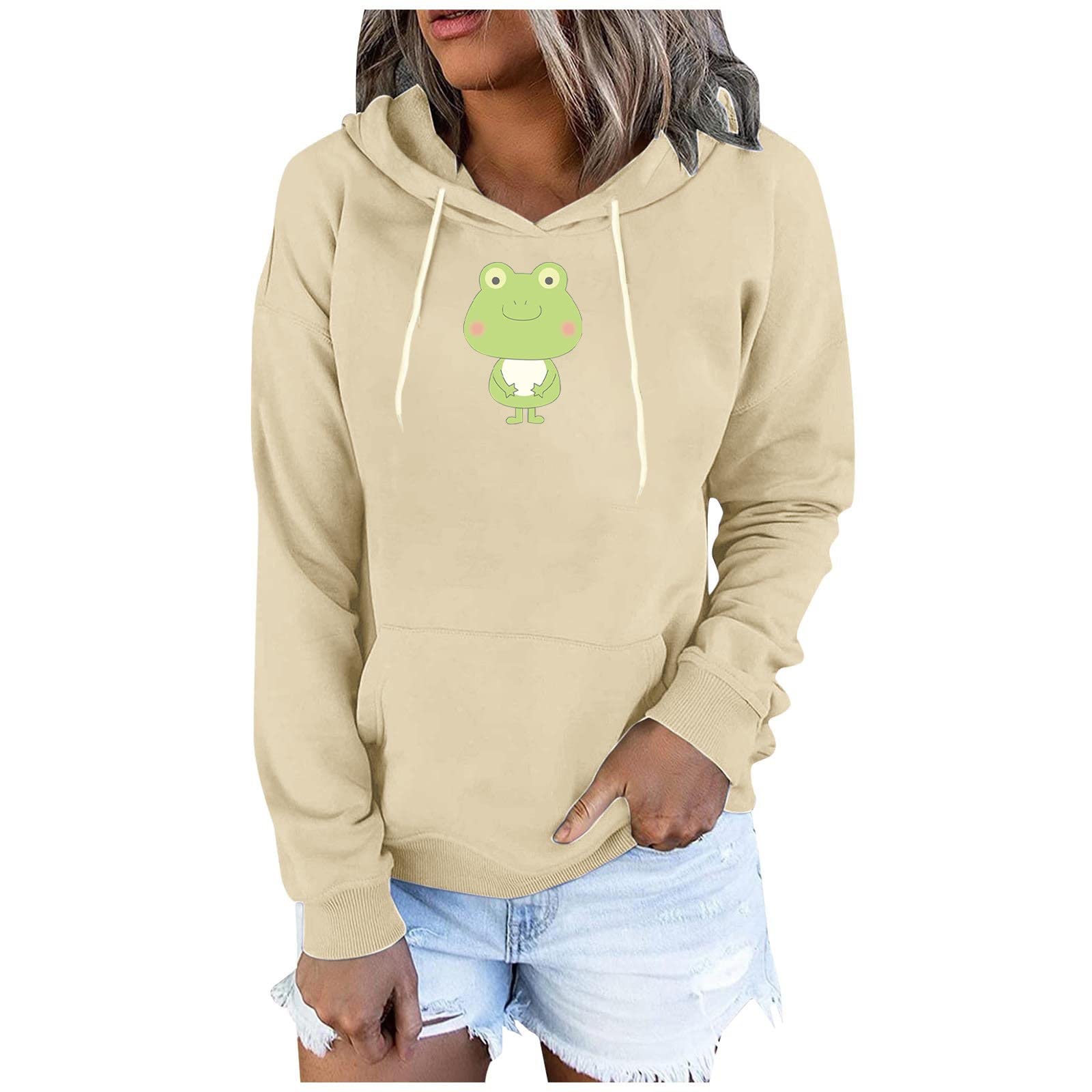 Cute Frog Print Women's Hoodies - Long Sleeve Pullover Sweatshirt with Pocket & Drawstring Hood | Casual Fall Outfit for Streetwear, Lounge & Outdoor Activities