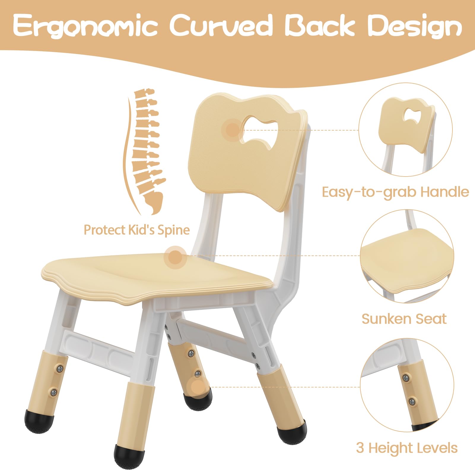 GAOMON Kids Chairs 2 Pack - 3 Level Height Adjustable Toddler Chairs for Boys & Girls Age 2-6, Durable Plastic Children's Chairs for Home, Classroom, Nursery - Natural Color (Perfect for Learning, Eating & Playtime Activities)