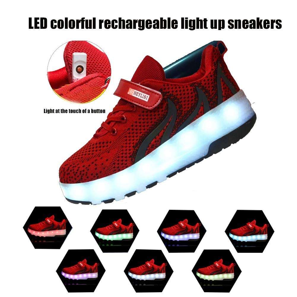 LED Light Up Shoes with Retractable Wheels for Kids - USB Rechargeable Roller Sneakers for Boys & Girls | Beginner Roller Skates | Birthday Gift Idea | Perfect for Outdoor Play, Parties & Sports (Red) - USA Stock