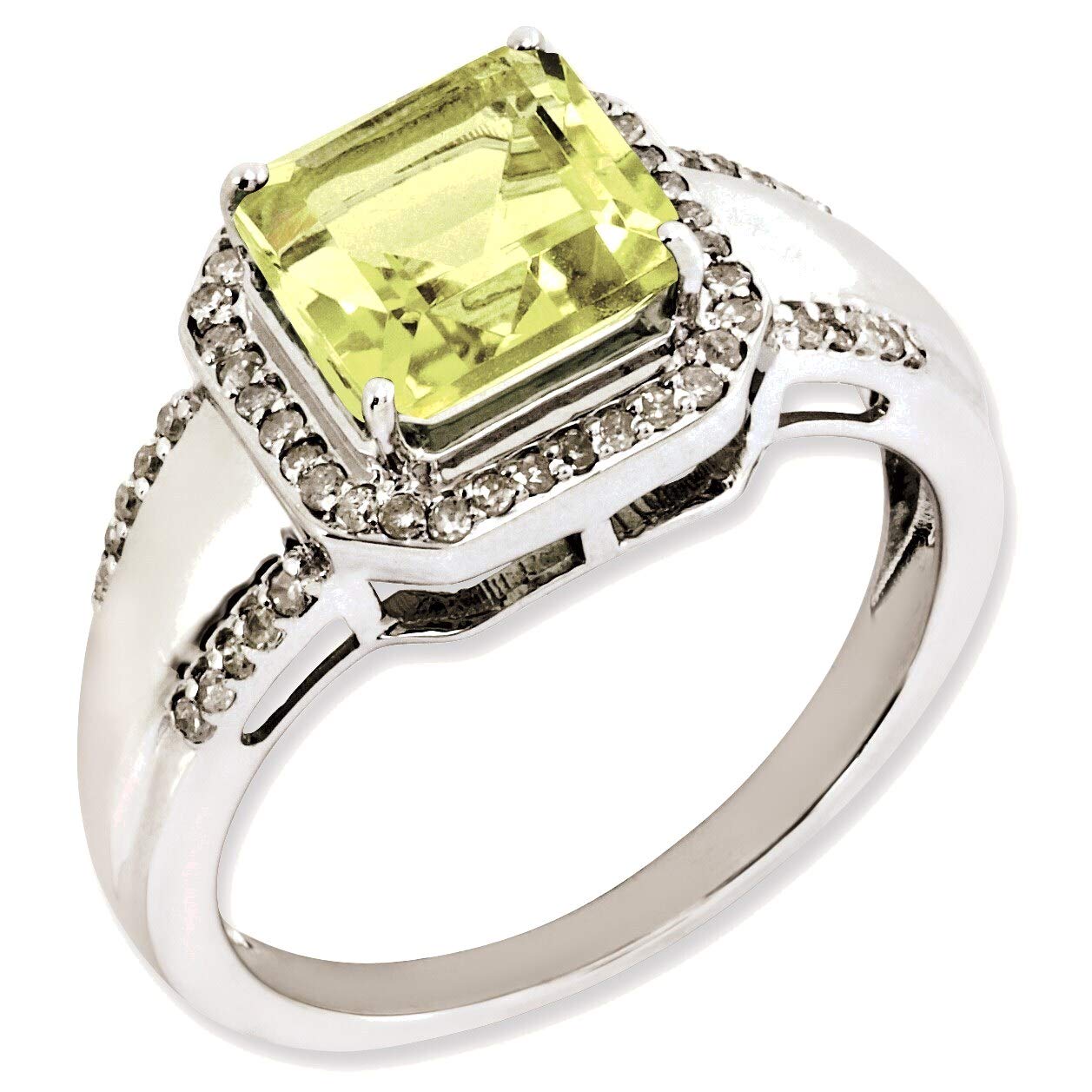 Bonyak Sterling Silver Rhodium-Plated Square Diamond & Lemon Quartz Ring - Size 7 - Elegant Jewelry for Women, Perfect for Weddings, Anniversaries & Special Occasions