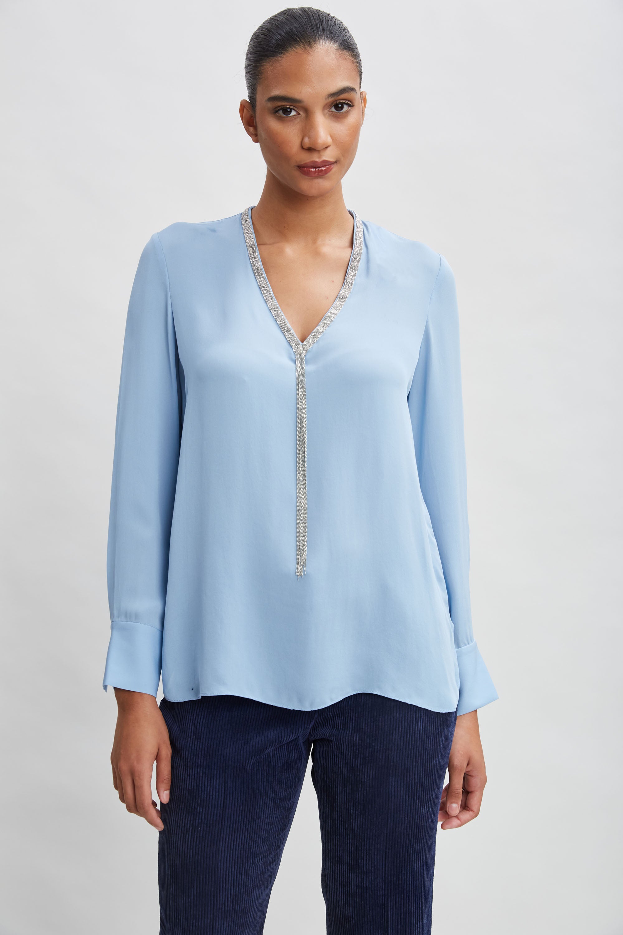 Luxury Silk Long Sleeve Chain Shirt for Women - Elegant Blouse with Metallic Detailing - Perfect for Evening Parties, Date Nights & Special Occasions