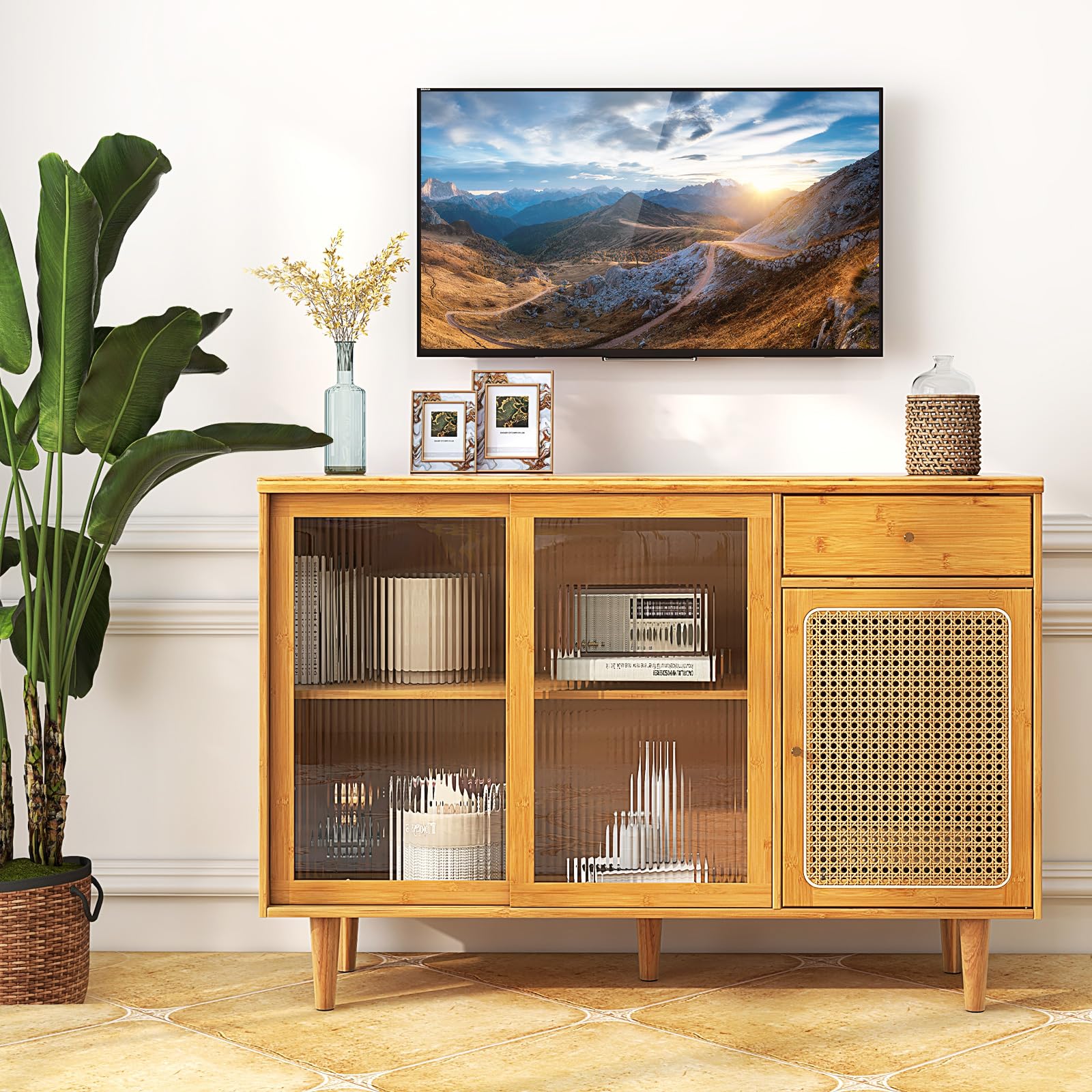 Giantex Bamboo Buffet Cabinet with Storage - Farmhouse Style Sideboard with Drawers & Rattan Glass Doors - Kitchen Cupboard, Entryway Console Table for Dining Room, Coffee Bar - Perfect for Home Decor, Entertaining & Storage Solutions