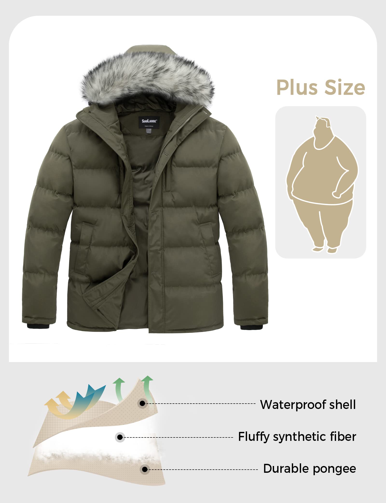 Soularge Men's Big and Tall Thick Padded Winter Parka Coat with Removable Hood - Warm Jacket for Outdoor Activities, Snow Sports & Cold Weather Protection