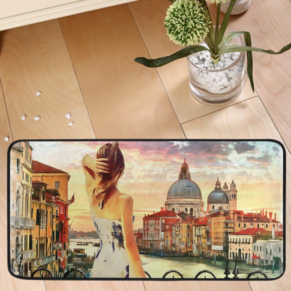 Italian Watercolor Girl Non-Slip Kitchen Rug - Washable Anti-Fatigue Mat for Home & Office (20x20in)