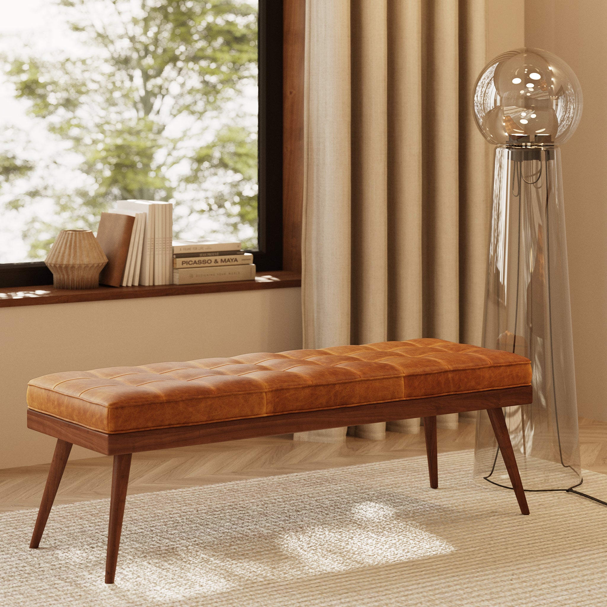 Luca Leather Bench - Modern Upholstered Storage Ottoman with Tufted Design for Living Room, Bedroom, or Entryway - Durable Faux Leather Seat with Sturdy Wooden Legs - Perfect for Extra Seating, Footrest, or Stylish Home Decor