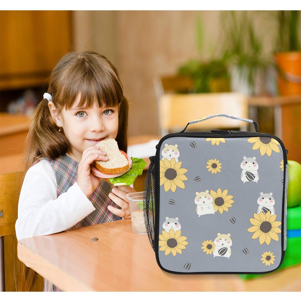 Insulated Lunch Box with Cute Hamster & Sunflower Design - Large Thermal Lunch Bag for Women, Men, Boys & Girls - Meal Prep Cooler & Food Warmer with Adjustable Shoulder Strap - Perfect for School, Work, Picnics & Outdoor Activities