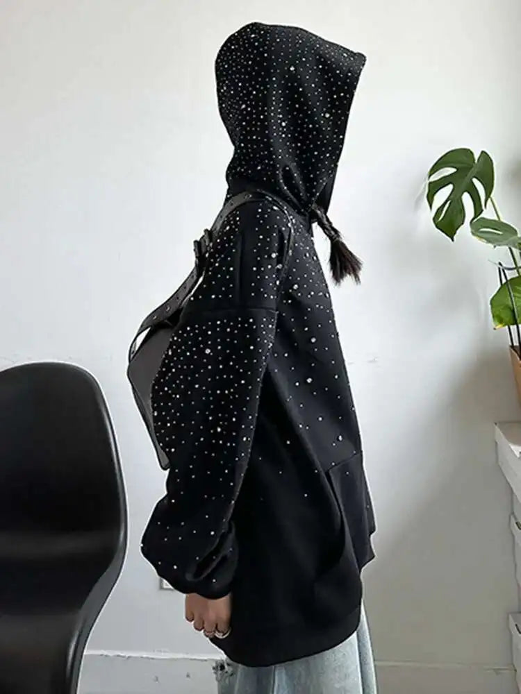 Black Rhinestone Embellished Thick Hooded Sweatshirt for Women - Oversized Long Sleeve Pullover | Trendy Spring & Fall 2025 Fashion | Perfect for Casual Outings, Streetwear & Layering