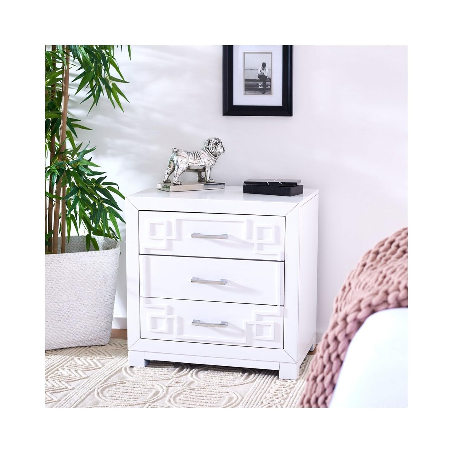 Safavieh Home Raina Greek Key White and Silver 3-Drawer Nightstand - Modern Bedside Table for Bedroom, Living Room & Guest Room Decor