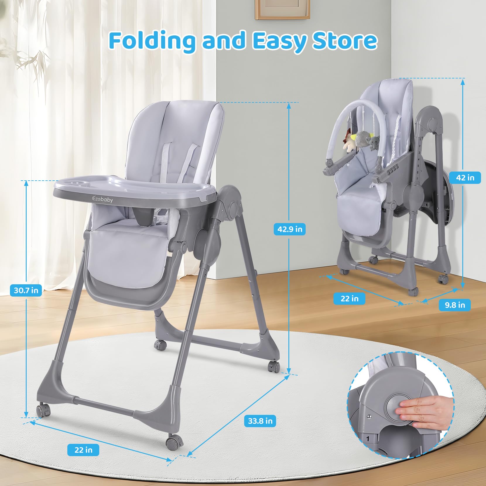 Ezebaby Adjustable Baby High Chair with Recline - Foldable, Convertible 2-in-1 Dining Booster Seat, Portable Toddler Chair with 4 Wheels & Toy Tray - Gray | Perfect for Home, Restaurants & Travel