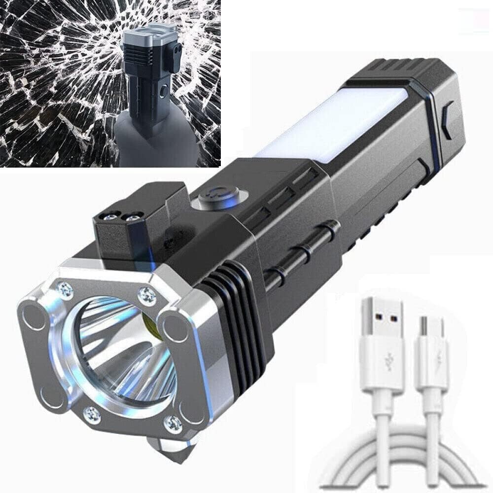 XML Torch Rechargeable LED Flashlight - USB Battery Charger, Power Bank, Car Emergency Glass Hammer & Seat Belt Cutter - Camping, Hiking, Travel, Survival Kit Smart Gadget Tools (Multi-Color)