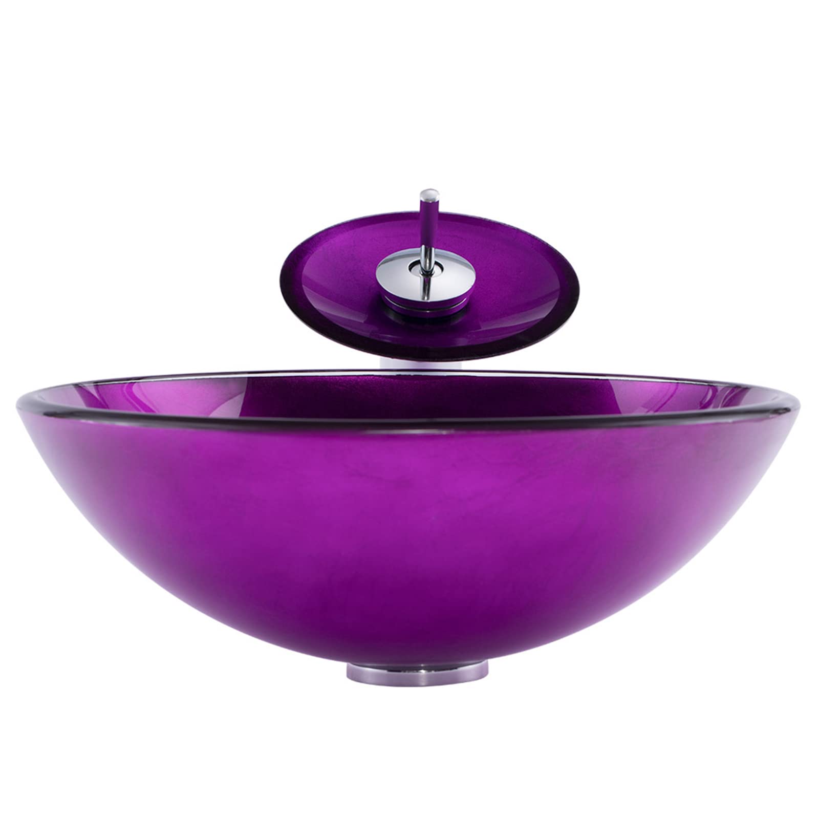 Purple Artistic Tempered Glass Vessel Sink with Brass Waterfall Faucet - Round Bathroom Vanity Sink Combo for Countertop Installation - Includes Chrome Pop-Up Drain - Perfect for Modern Master Bathrooms & Powder Room Renovations