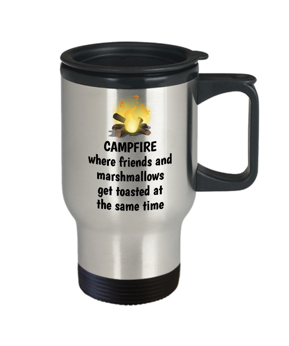 Funny Camping Travel Mug - Insulated Coffee Cup with Campfire & Marshmallows Design - Perfect Camper Gift for Outdoor Enthusiasts - Great for Camping Trips, Hiking Adventures & Road Trips