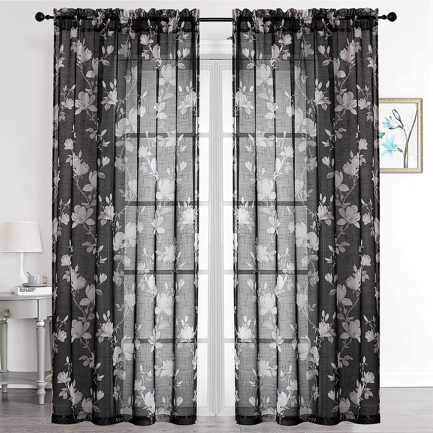 Black Sheer Linen Curtains 84 Inch Length - 2 Panels Floral Pattern Light Filtering Semi Sheer Window Drapes with Rod Pocket for Living Room, Bedroom & Kitchen (52W x 84L) - Elegant Voile Curtains for Home Decor & Sun Protection