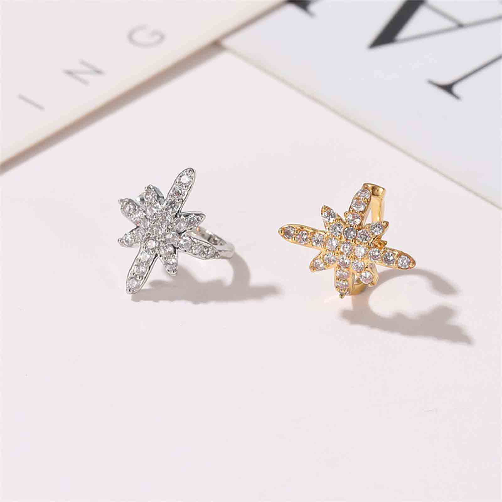 Boho Crystal North Star Ear Cuff - Gold Rhinestone Starburst Clip-On Earrings for Women & Girls | Non-Pierced CZ Jewelry | Perfect for Parties, Weddings & Festivals