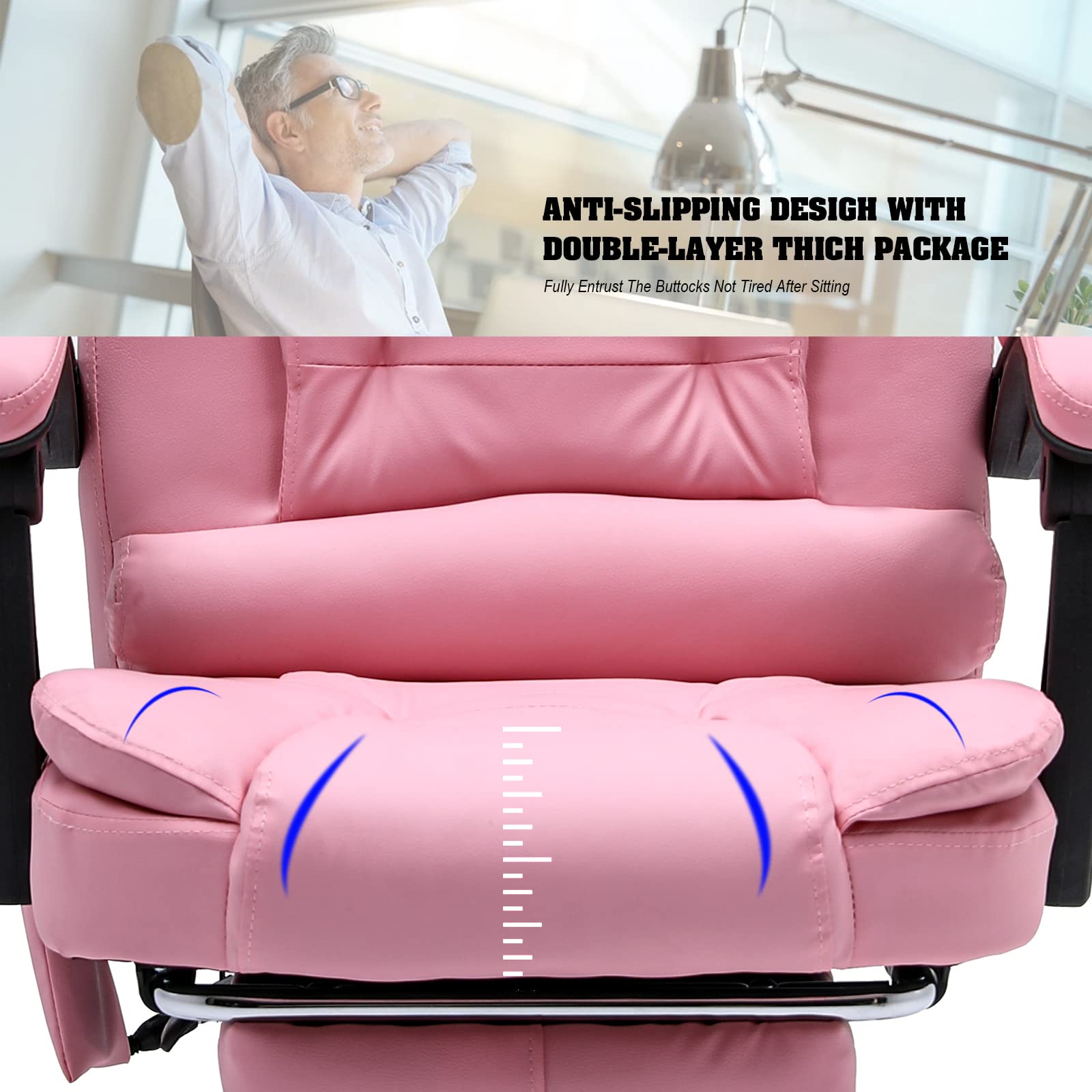 Ergonomic Reclining Office Chair with Massage & Heat - PU Leather Executive Computer Chair with Footrest, Padded Armrest & High Back Support - Swivel Recliner for Home Office, Study & Gaming (Pink) - Perfect for Long Work Hours, Relaxation & Productivity