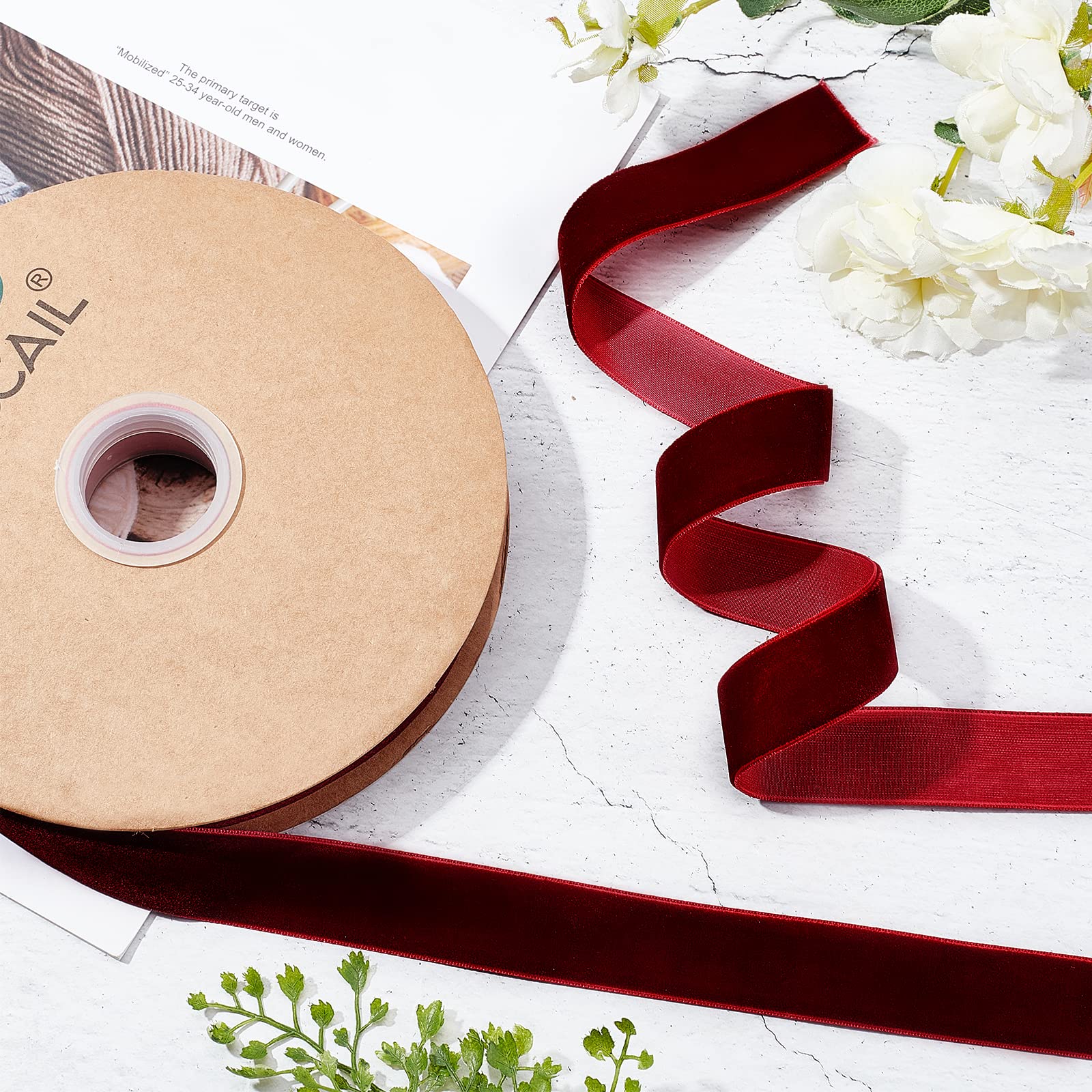 20 Yards x 1 Inch Valentine's Day Single Side Velvet Ribbon - Dark Red Satin Ribbon Roll for Wedding Decorations, Gift Wrapping, Hair Bows, Flower Arranging & DIY Home Decor - Perfect for Christmas, Crafts and Party Decorations