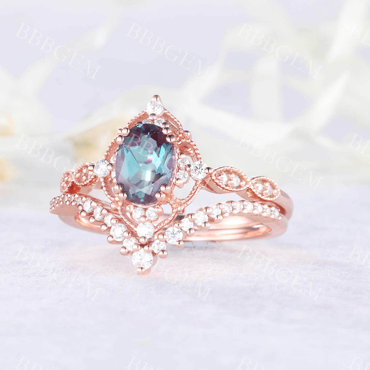 Rose Gold Alexandrite Bridal Ring Set with Oval Cut 6x8mm Diamond & V-Shape Matching Band - Milgrain Filigree Engagement Ring for Women | Perfect for Proposals, Weddings & Anniversary Gifts