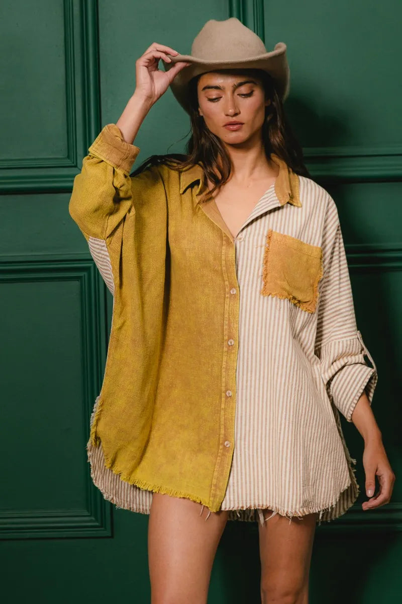 BiBi Washed Raw Hem Shirt - Trendy Distressed Denim Top for Women | Perfect for Casual Outings, Street Style & Layering